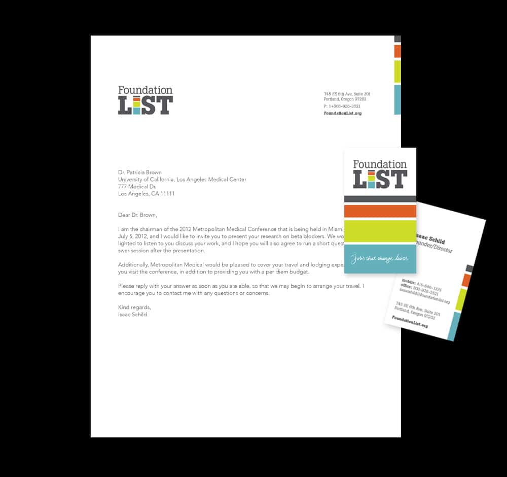 Letterhead and Business cards we designed for Foundation List