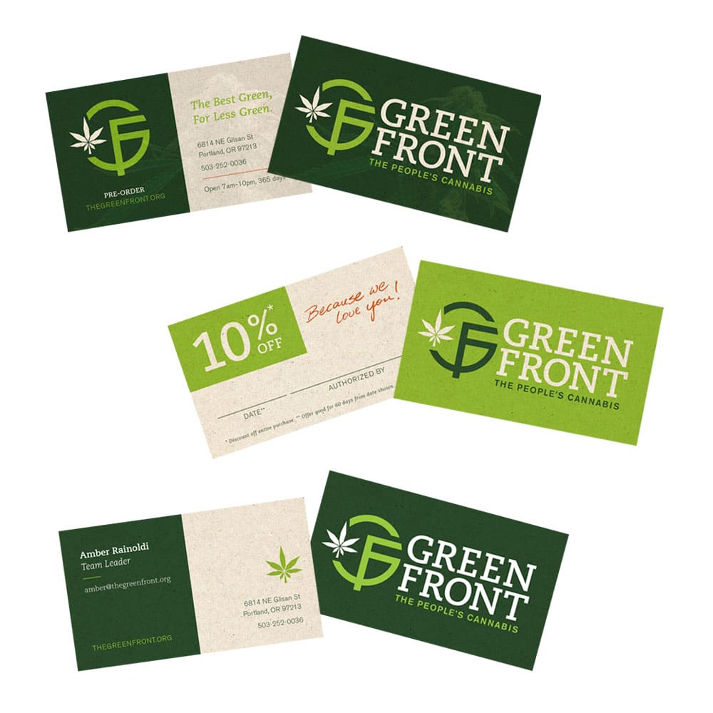 Business card design for Green Front Portland Dispensary by Ink Stained Creative