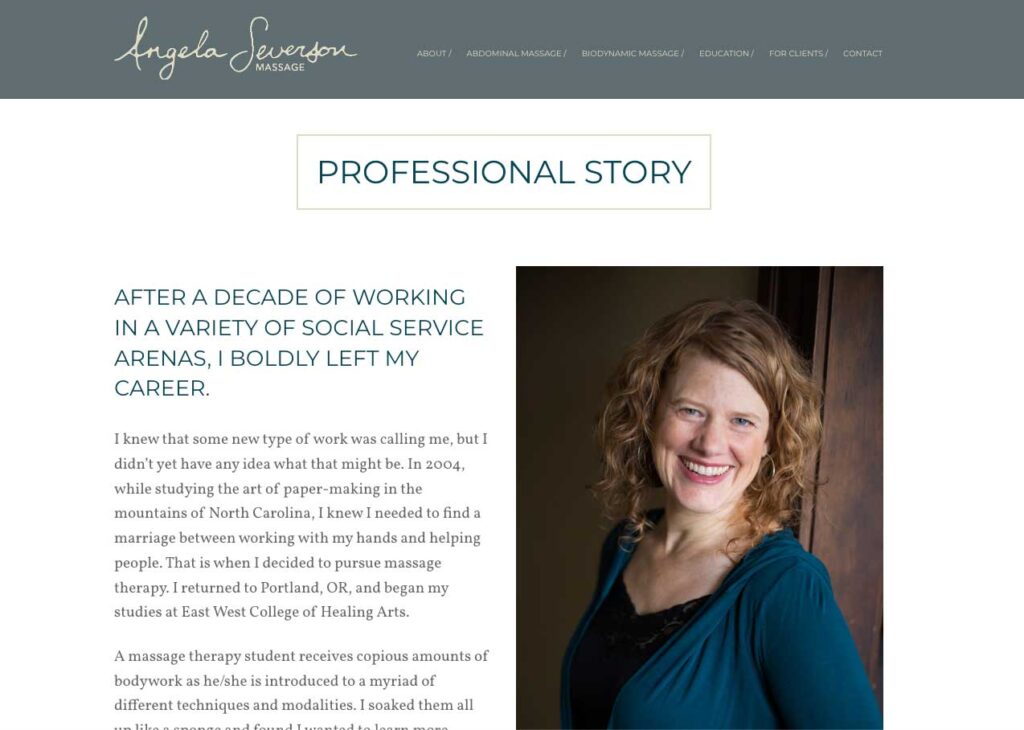 Professional story page from Angela Severson's website, built by us, featuring a photo of Angela that we took and edited
