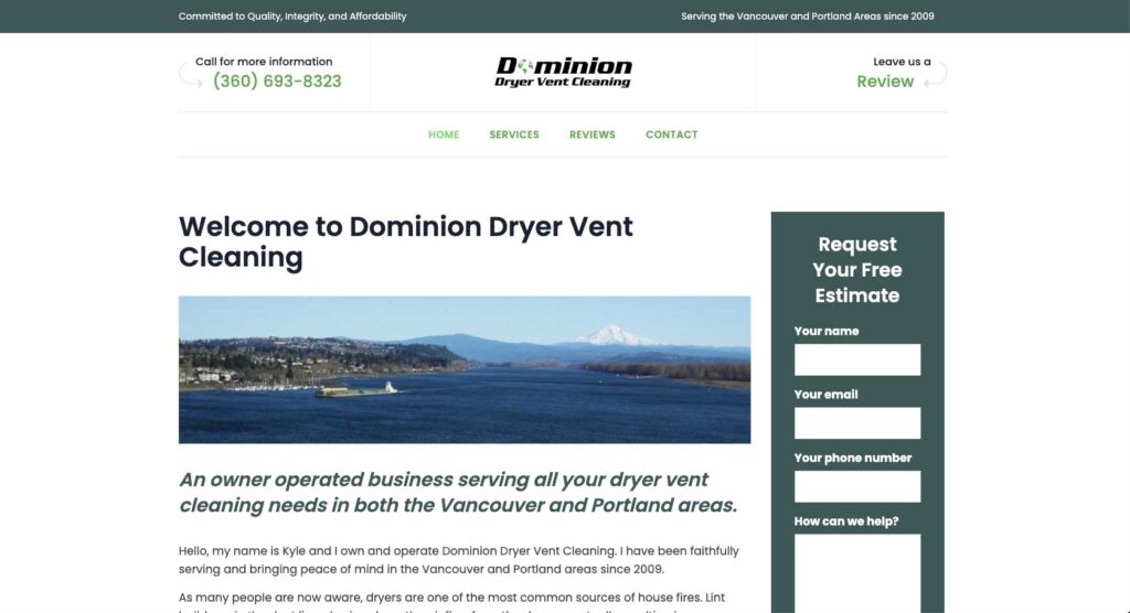 Homepage of Dominion Dryer Vent Cleaning. We designed and developed this website