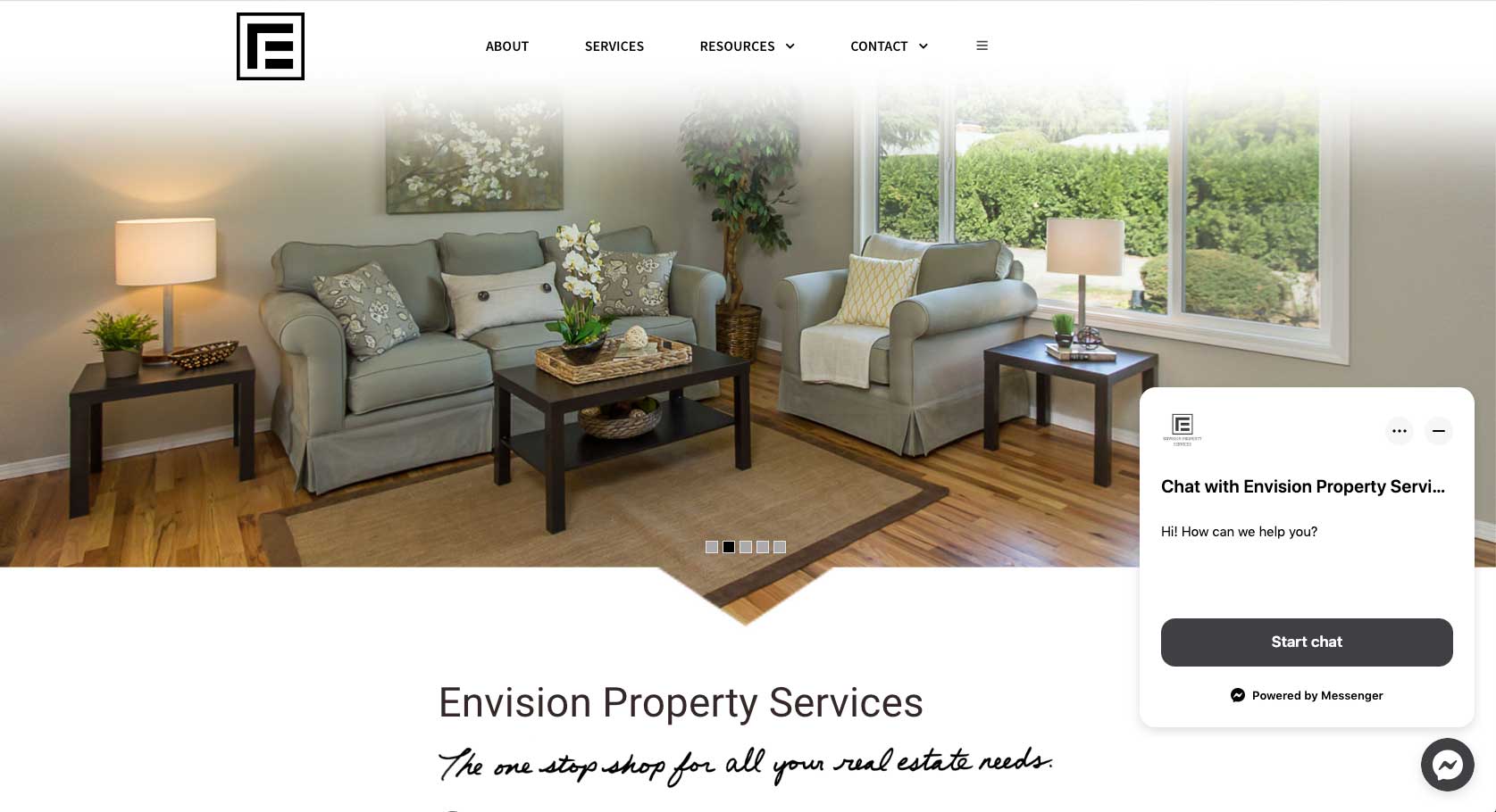 Website development and design by Ink Stained Creative for Envision Property Services - the homepage of their overview site, featuring a live chat box