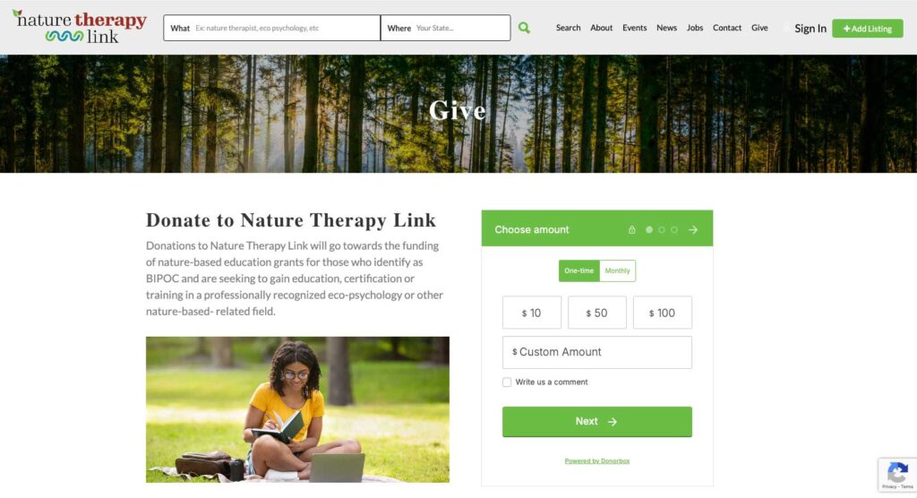 Donation page on Nature Therapy Link's website that Ink Stained creative designed and developed