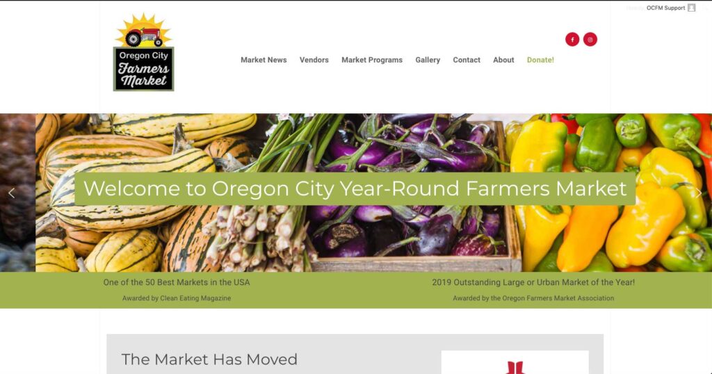 Website screenshot of the website we built for the Oregon City Farmers Market