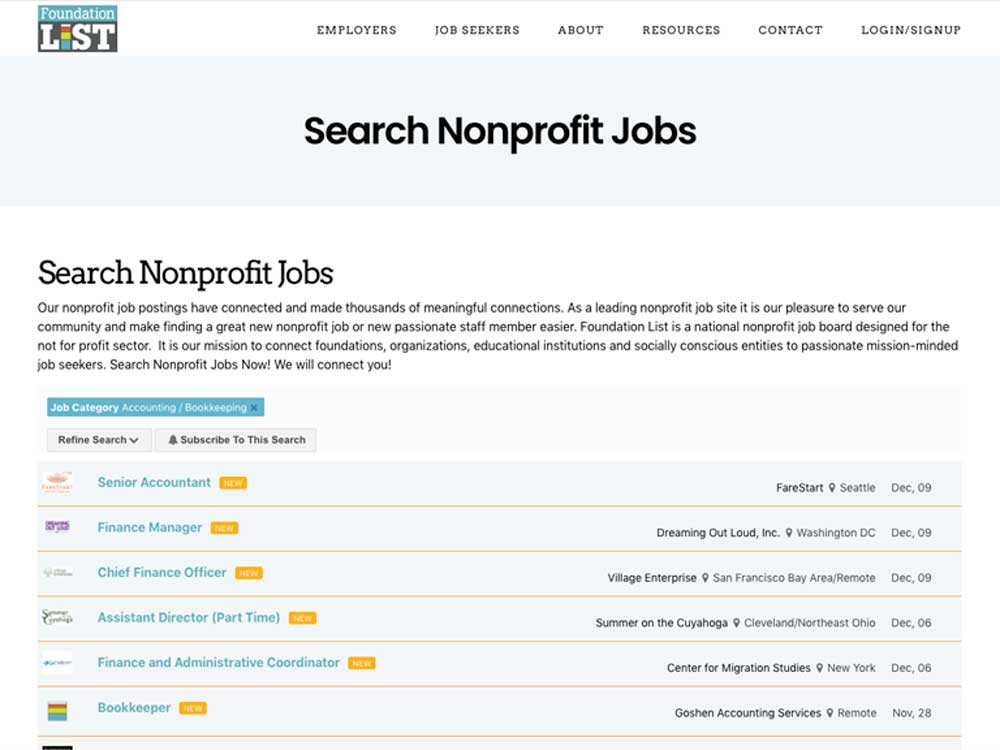 The Job Search page on Foundation List's website, developed and designed by Ink Stained Creative