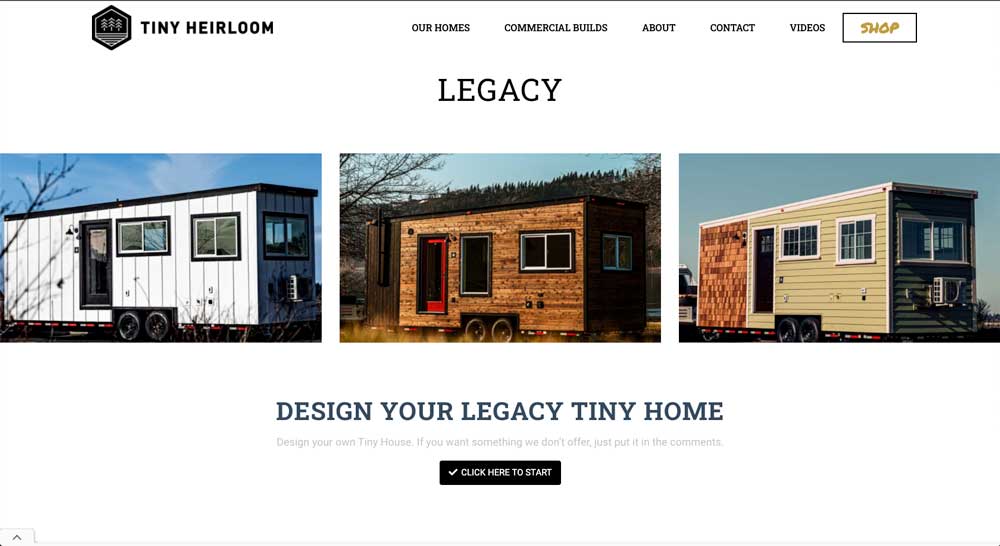 Legacy Tiny Home model webpage for Tiny Heirloom, website designed and developed by Ink Stained Creative