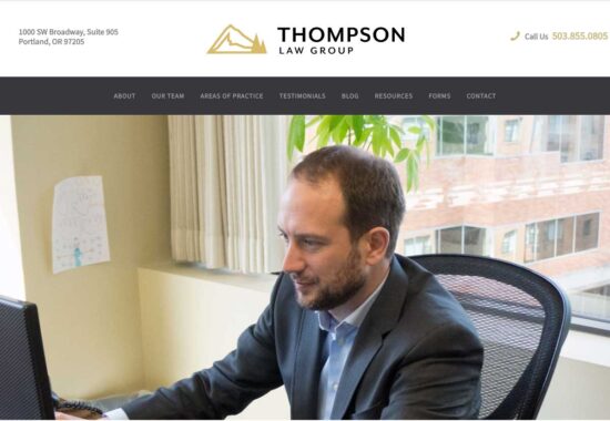 Homepage of the website we designed and built for Thompson Law Group, featuring a custom photograph we took