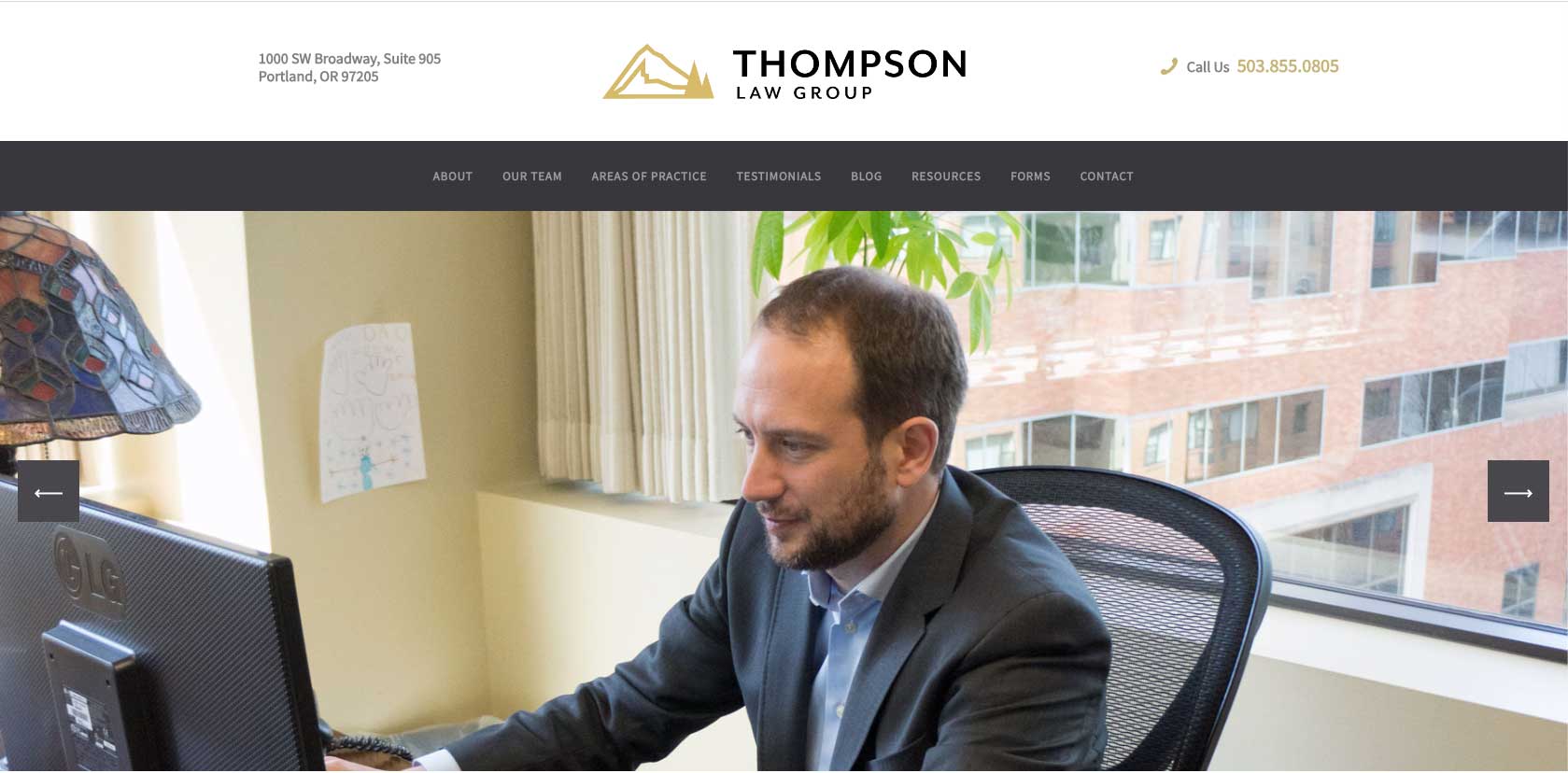 Homepage of the website we designed and built for Thompson Law Group, featuring a custom photograph we took