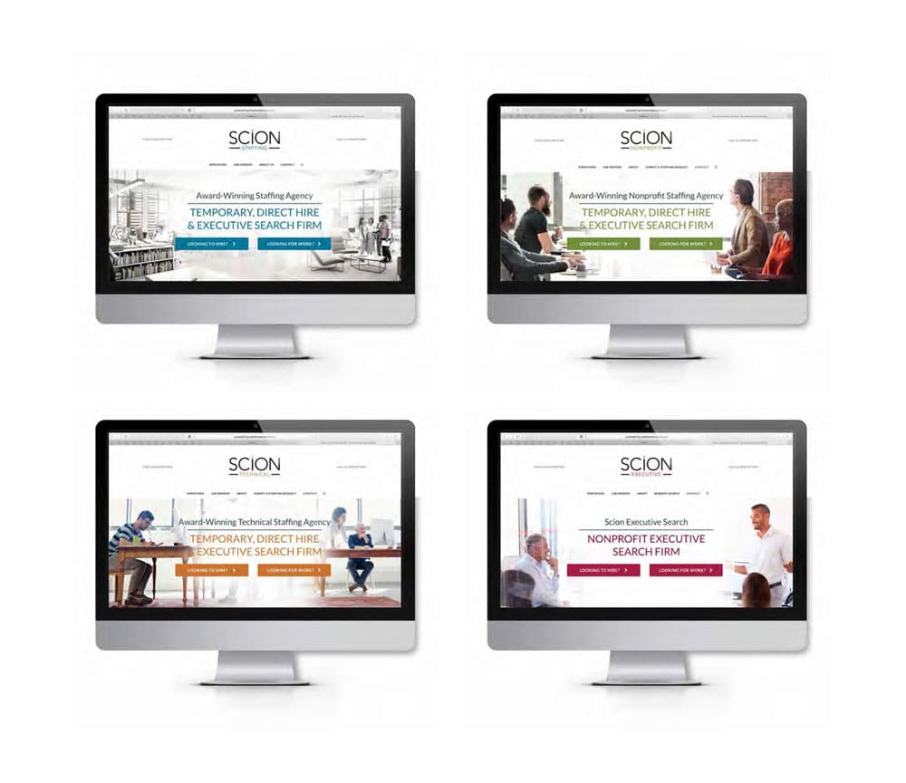 Monitors showing Scion Staffing's different divisions, websites designed and developed by Ink Stained Creative