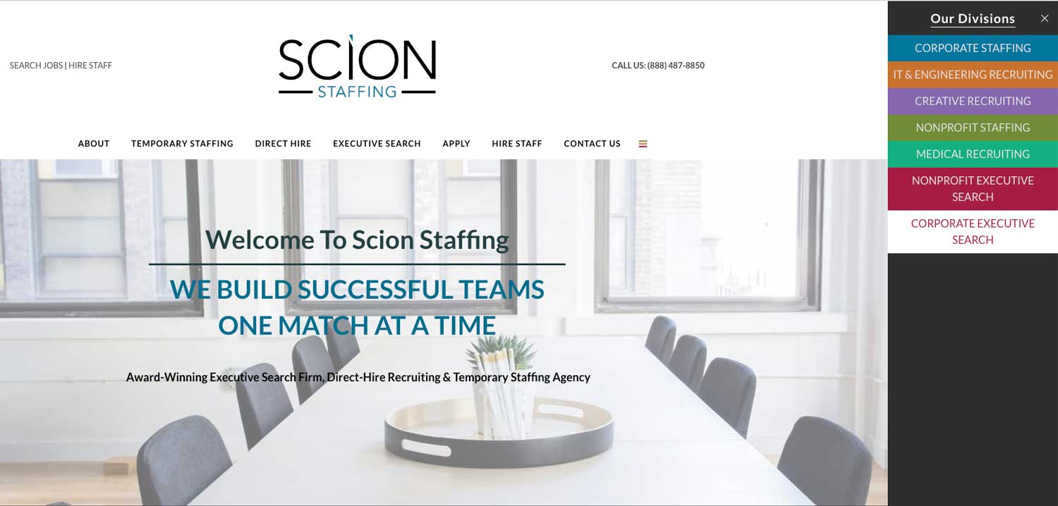 Scion Staffing homepage for a Portland Staffing Agency, website developed and designed by Ink Stained Creative