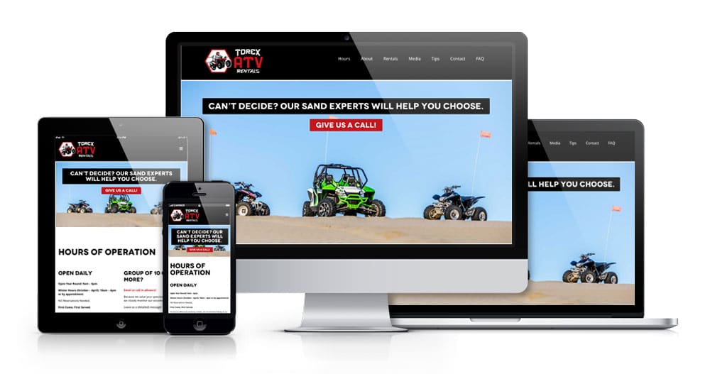 Mockups showing the website for Torex ATV Rentals in different screen sizes, showing Oregon responsive website and logo design for Torex ATV Rentals