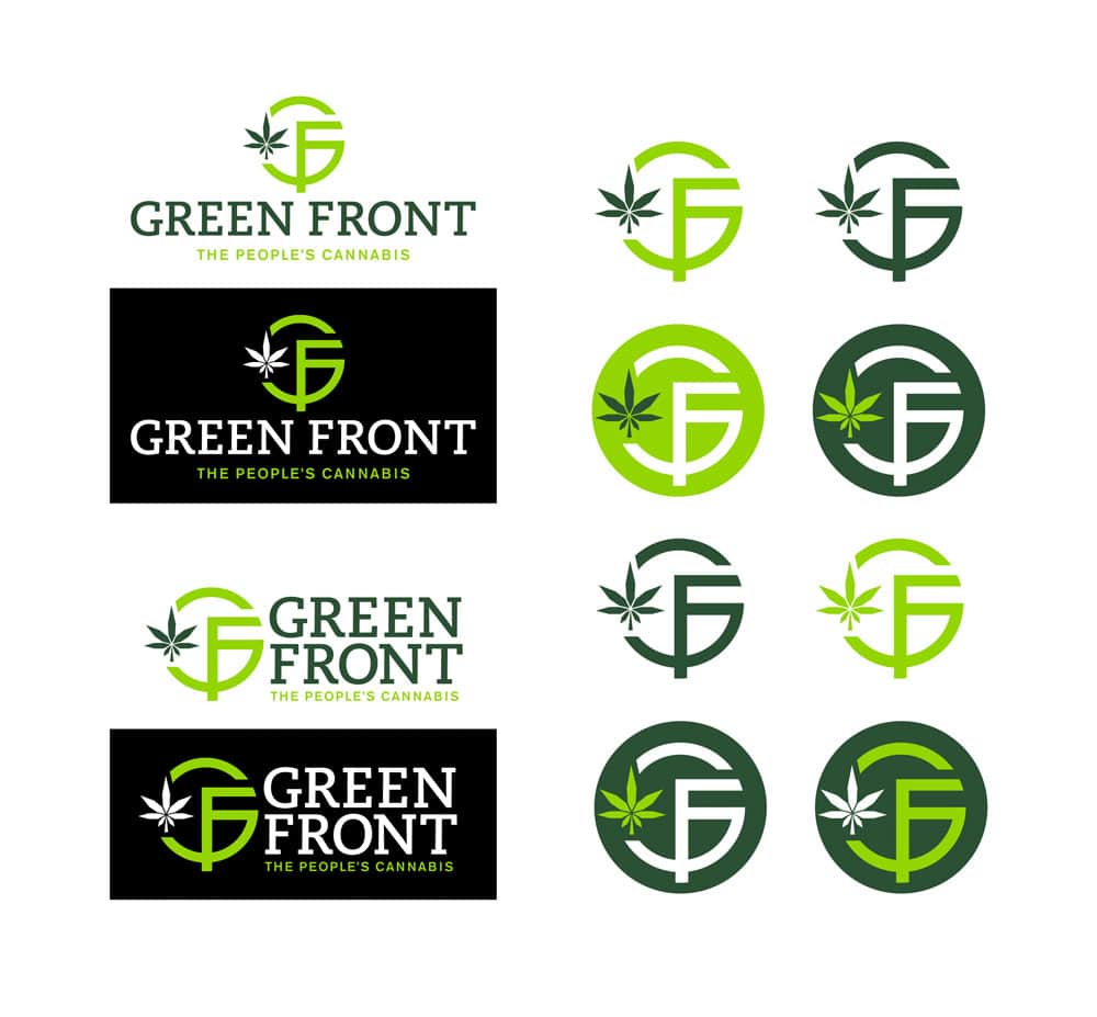 Greenfront logos and icons we designed, in different brand color combinations
