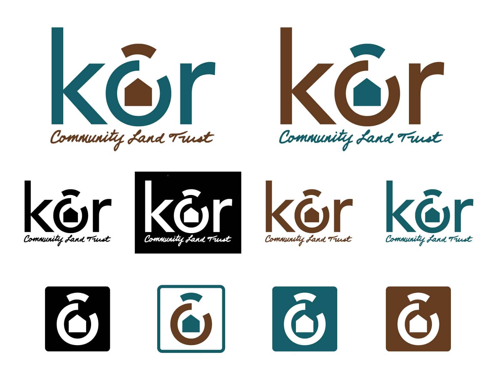 Logos and related icons we designed for Kor Community Land Trust, in various brand colors