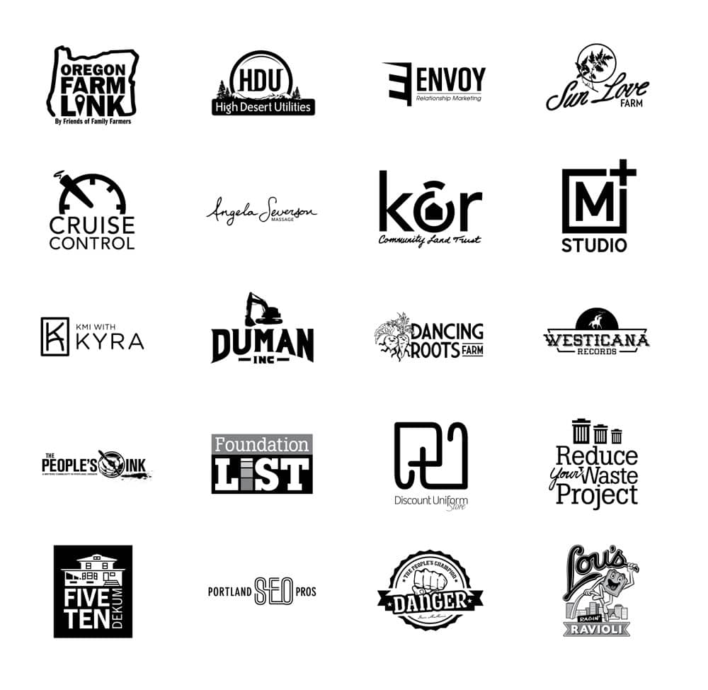 A black and white grid of various logos we have designed for many of our clients