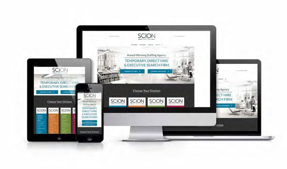 Screenshots of the Scion Staffing homepage, which we designed and developed, on different screens to show its responsive nature